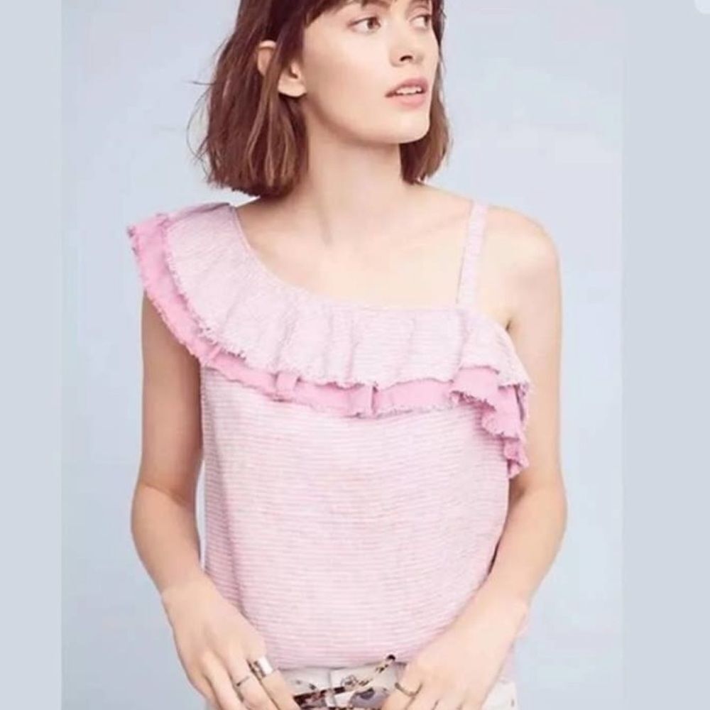 Anthropologie Holding Horses Linen Purple One Shoulder Ruffle Top - XS